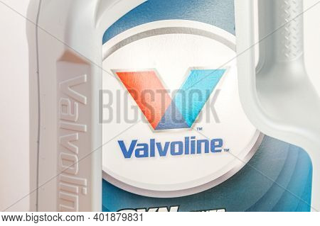 Pruszcz Gdanski, Poland - November 29, 2020: Logo And Sign Of Valvoline On Motor Oil Bottle.