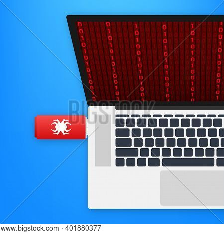 Computer Virus On Usb Flash Card. Virus Protection. Vector Stock Illustration.