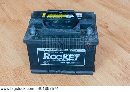 Pruszcz Gdanski, Poland - November 1, 2020: Car Calcium Mf Unlimited Power Rocket Battery. Sebang Gl