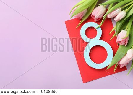 8 March Card Design With Tulips And Space For Text On Violet Background, Flat Lay. International Wom