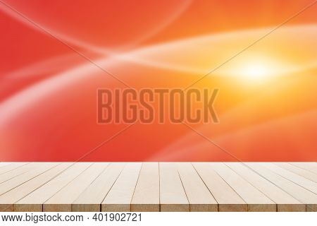 Abstract Bokeh For Background 2021 New Year Concept. Red Orange Line With Wood Terace Perspective.