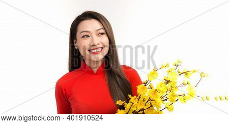 Young Asian Beauty Woman Wearing Ao Dai And Holding Ochna Integerrima Branch With Flower In Lunar Ne
