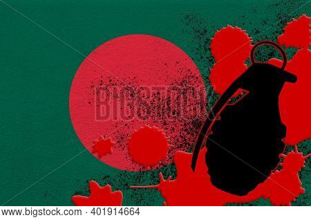 Bangladesh Flag And Mk2 Frag Grenade In Red Blood. Concept For Terror Attack Or Military Operations 