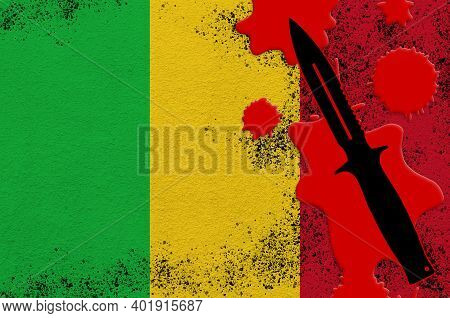 Mali Flag And Black Tactical Knife In Red Blood. Concept For Terror Attack Or Military Operations Wi