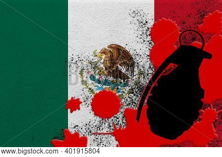 Mexico Flag And Mk2 Frag Grenade In Red Blood. Concept For Terror Attack Or Military Operations With