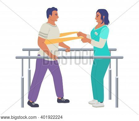 Rehabilitation, Physiotherapy Treatment Of People With Injury, Disability, Flat Vector Illustration.