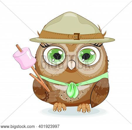 Cute Vector Owl Scout In Hat With Marshmallow, Picture In Hand Drawing Style, For T-shirt Wear Fashi