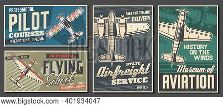 Pilot Courses And Flying School Banners. Air Cargo Or Freight Delivery Service, Aviation History Mus