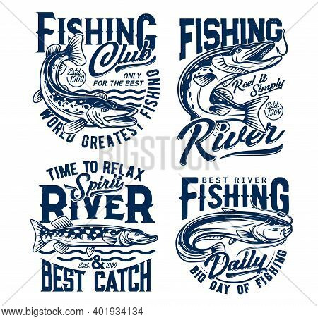 Fishing Club, Fishes T Shirt Prints, Fisher Club Vector Emblems And Water Waves Icons. River Fishing