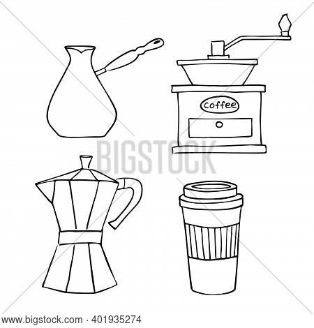 A Set Of Items For Coffee. Manual Retro Coffee Grinder, Cezve Turkish For Brewing, Geyser Coffee Mak
