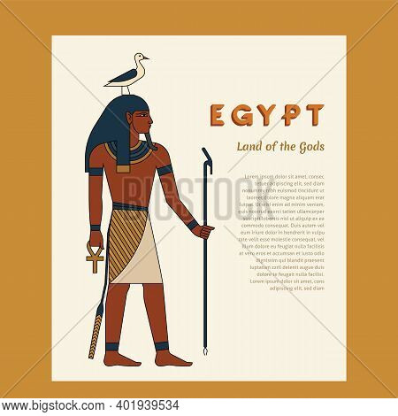 Egyptian Ancient God Seb Or Keb. The Man Is Holding A Staff. On The Head Are Bird. Ankh. Vector Illu