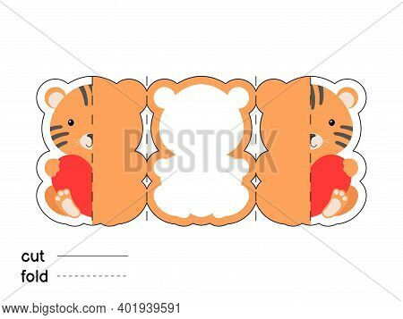 Cute Tiger Hold Heart. Fold Long Greeting Card Template. Great For St. Valentine Day, Birthdays, Bab