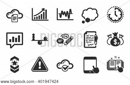 Tablet Pc, Check Investment And Technical Documentation Icons Simple Set. Time, Graph Chart And Stoc