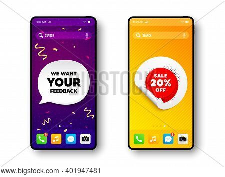 Sale 20 Percent Off Banner. Phone Mockup Vector Confetti Banner. Discount Sticker Shape. Coupon Bubb