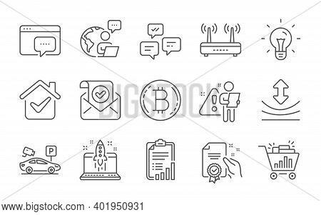 Start Business, Certificate And Wifi Line Icons Set. Idea, Chat Messages And Seo Shopping Signs. Con
