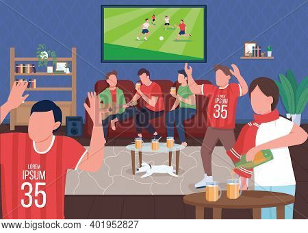 Watching Football Game With Friends Flat Color Vector Illustration. Sport Lovers Special Active Hobb