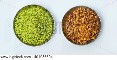 Indian Regular And Peppermint Namkeen Or Snacks In Green Pudina Flavour In Bowl Isolated On White To