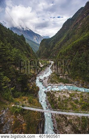 Bhote-khosi River Valley, Nepal. View From The Hillary Bridge