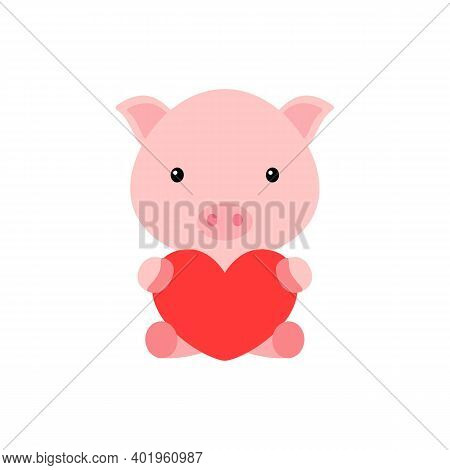 Cute Funny Pig With Heart On White Background. Cartoon Animal Character For Congratulation With St. 