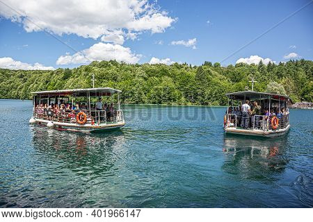Plitvice Lakes, Croatia - June 26, 2017: Tourist Boats On The Lake At Plitvice Lakes, Croatia.