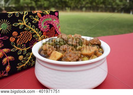 Undhiyu Or Oondhiyu Served In Outdoors Picnic Environment Open Air Resturant Garden, House Backyard 