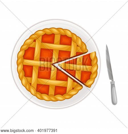 Fruit Pie With Shortcrust As Sugary Dessert On Plate Vector Illustration