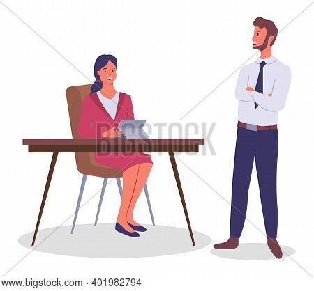 Business Meeting, Communication. Businessman Chief Standing At A Table With Crossed Hands Listening 