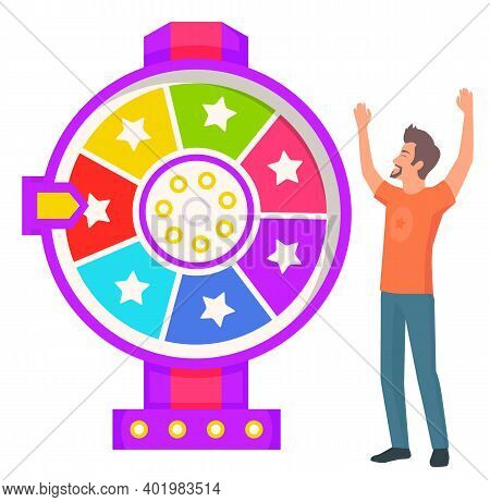 Game Fortune Wheel Concept. Man Playing Risk Game With Fortune Wheel And Lottery. Casino And Gamblin