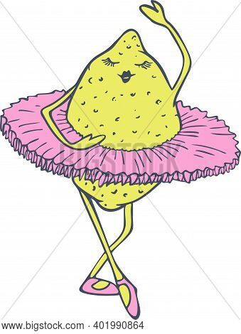 Vector Illustration With Lemon Dancing In Ballet Tutu. Dancing Fruit Design.