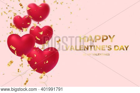 Red Glittering Heart Shape Balloons With Gold Glittering Confetti Inscription Happy Valentines Day I