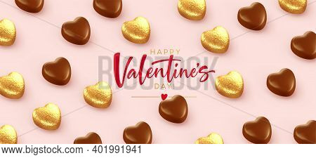 Background For Valentines Day Banner, Poaster, Postcard Made Of Heart-shaped Chocolates Wrapped In G