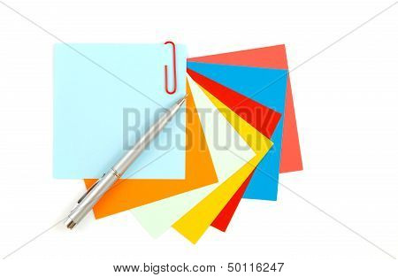 Colorful Note Paper With Clips Isolated On White Background