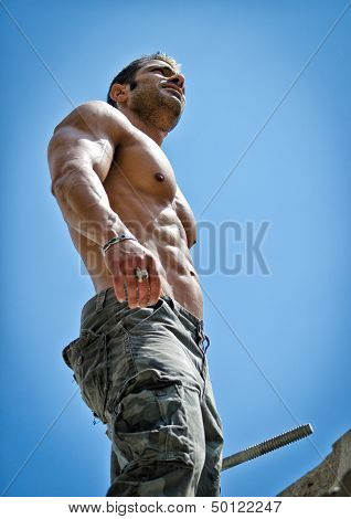 Hot, Muscular Construction Worker Shirtless Seen From Below