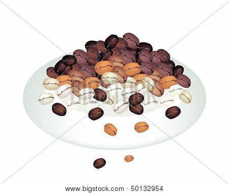 Different Colors Of Coffee Beans Stack On White Plate