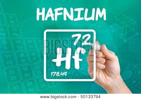 Hand drawing the symbol for the chemical element hafnium