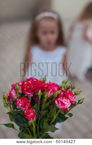 Charming Bouquet Of Red Roses In Woman's Hand Background The Girk