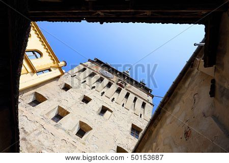 รายละเอียดงานสถาปัตยกรรมในเมืองยุคกลาง Sighisoara ทรานซิลเวเนีย โรมาเนีย