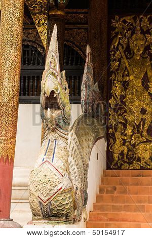 Naga Staircase And  Old Ubosot Lanna Style In Wat Buak Krok Luang , Chiangmai Thailand