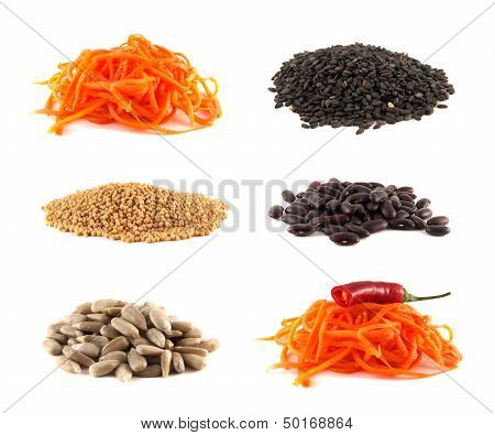 Carrot, seeds, beans collection isolated on white