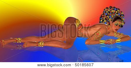 Seductive woman posing on reflective floor with body jewels on an abstract background.
