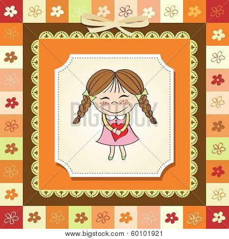 Funny Girl With Hearts. Doodle Cartoon Character.