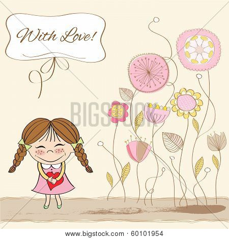 Funny Girl With Hearts. Doodle Cartoon Character.