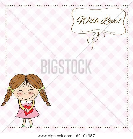 Funny Girl With Hearts. Doodle Cartoon Character.