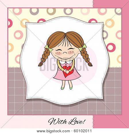 Funny Girl With Hearts. Doodle Cartoon Character.