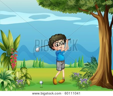 Illustration of a boy playing golf near the tree