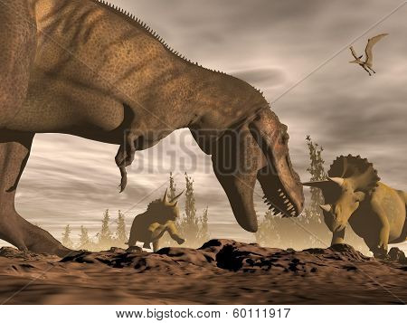 Tyrannosaurus roaring at triceratops - 3D render