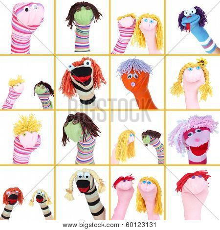 Collage of different funny sock puppets