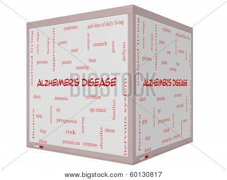 Alzheimer's Disease Word Cloud Concept On A 3D Cube Whiteboard
