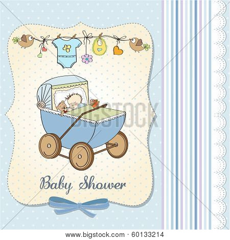 Baby Boy Shower Card With Retro Strolller