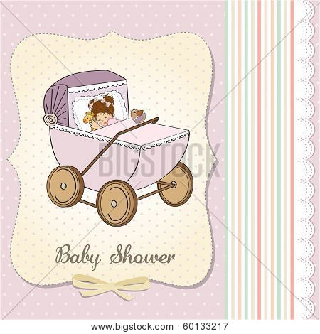 Baby Girl Shower Card With Retro Strolller
